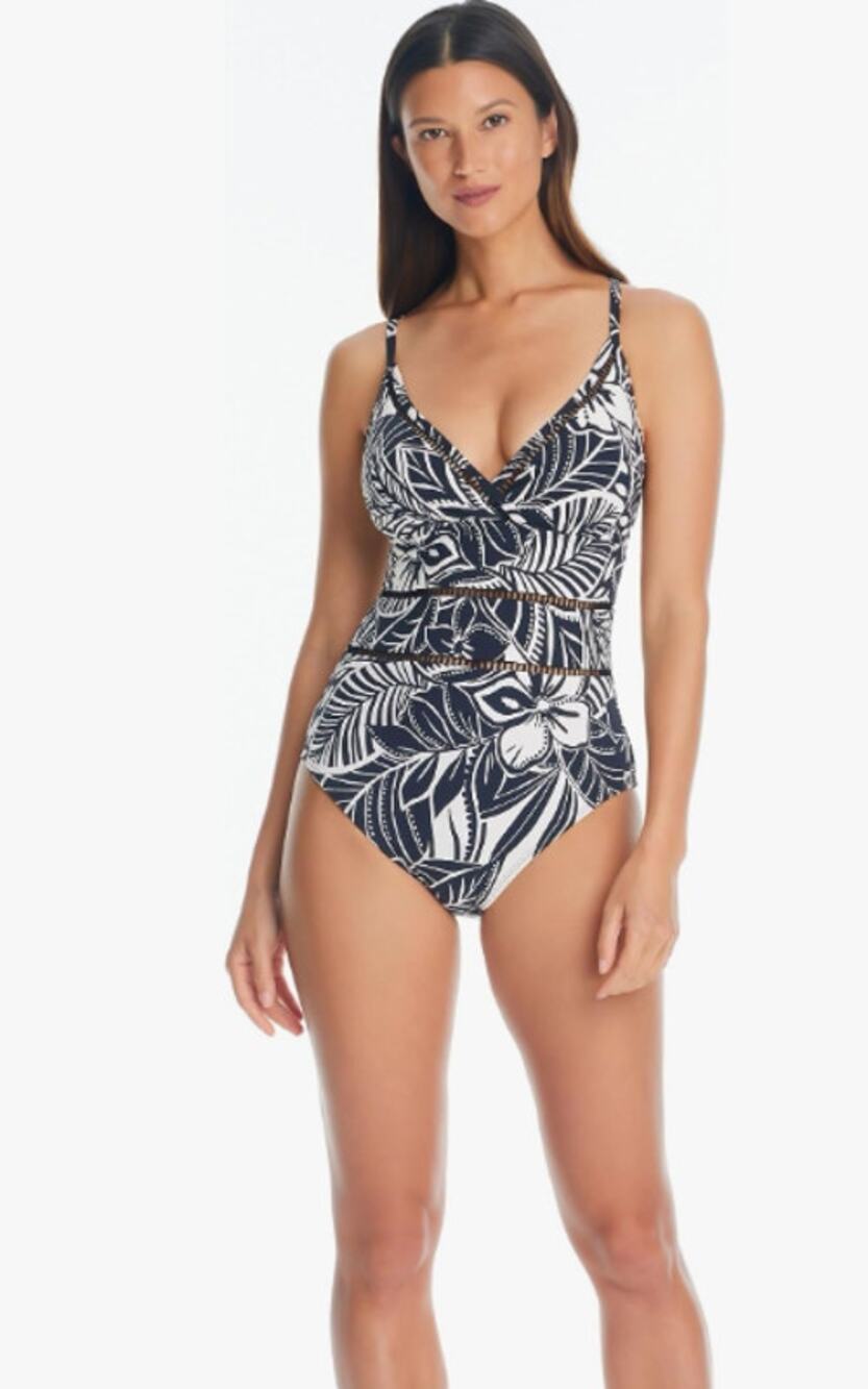 BLEU ROD BEATTIE Ciao Bella Cross Back OnePiece Swimsuit Size 10 Black Print NWT